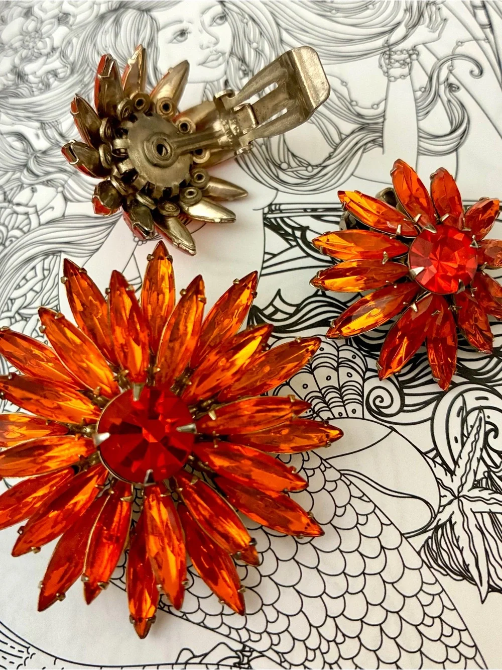NOS VINTAGE Judy Lee Orange Crystal Floral Statement Brooch and Earring Set